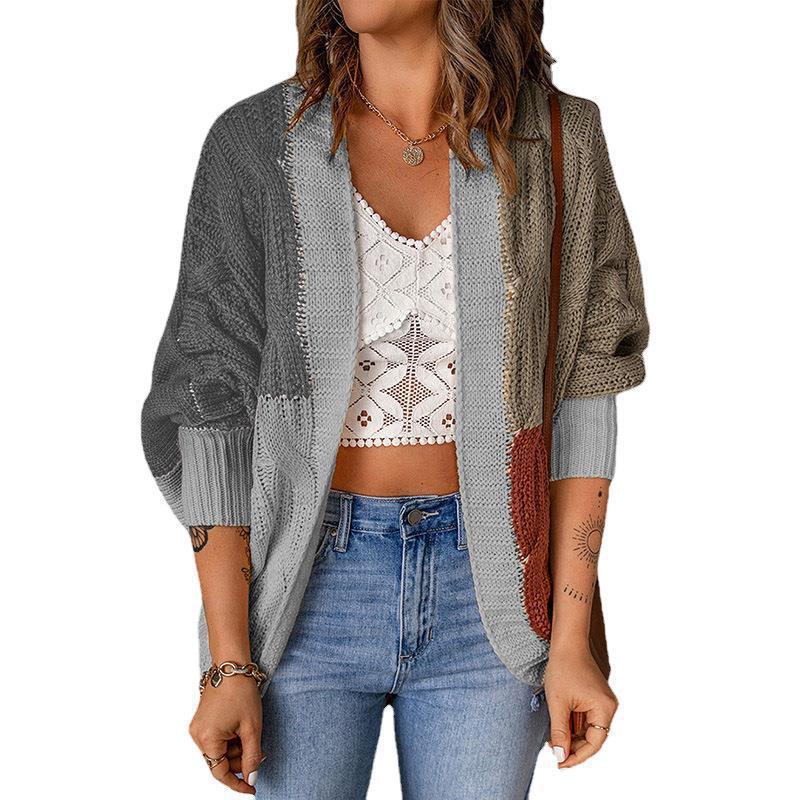 Ladies Elegant Knit Cardigan with Relaxed Fit and Chic Color Block Design