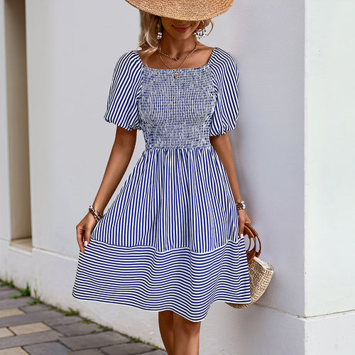 Smocked A-line dress for women with puff sleeves Lune London
