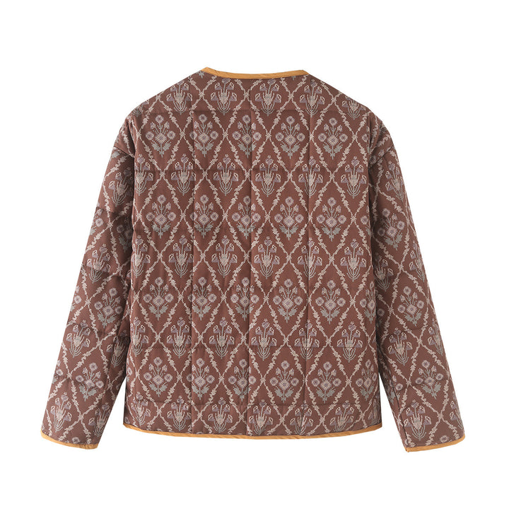 Quilted transitional jacket for women with floral design and practical pockets Lune London