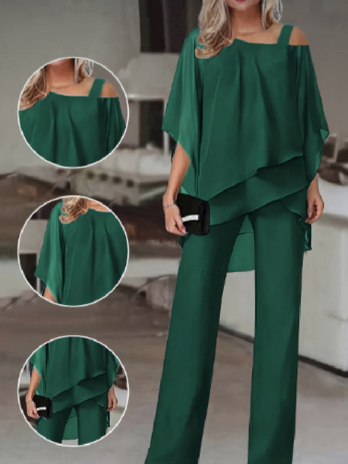 Ladies Elegant Two Piece Set with Fluid Top and Chic Flared Pants