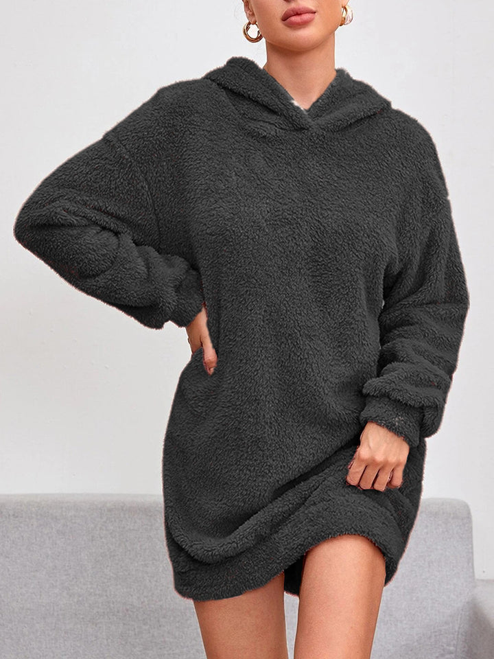 Fleece hoodie dress for women with hood and practical pockets Lune London