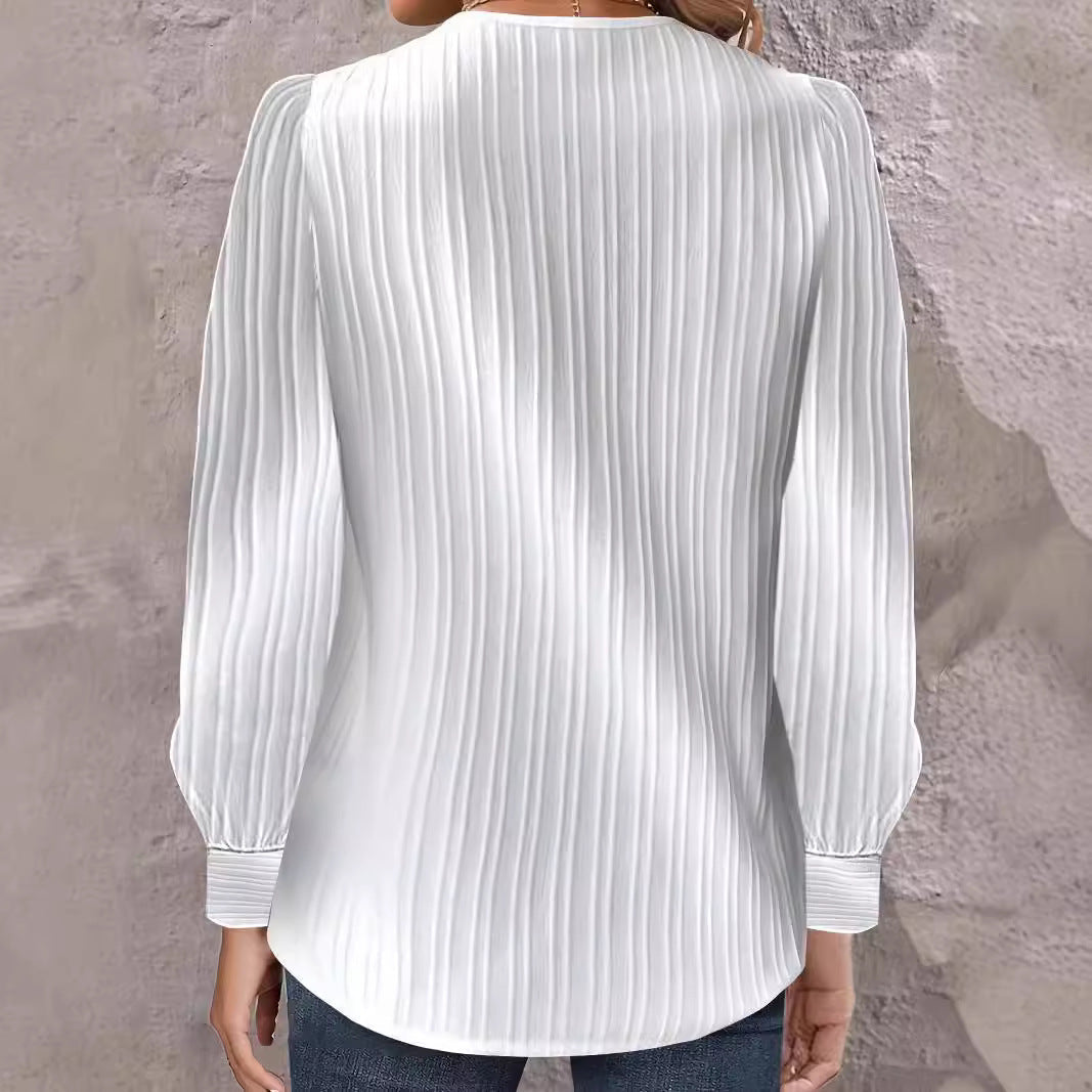 Women's Pleated Blouse with Asymmetrical Neckline and Button Details Lune London