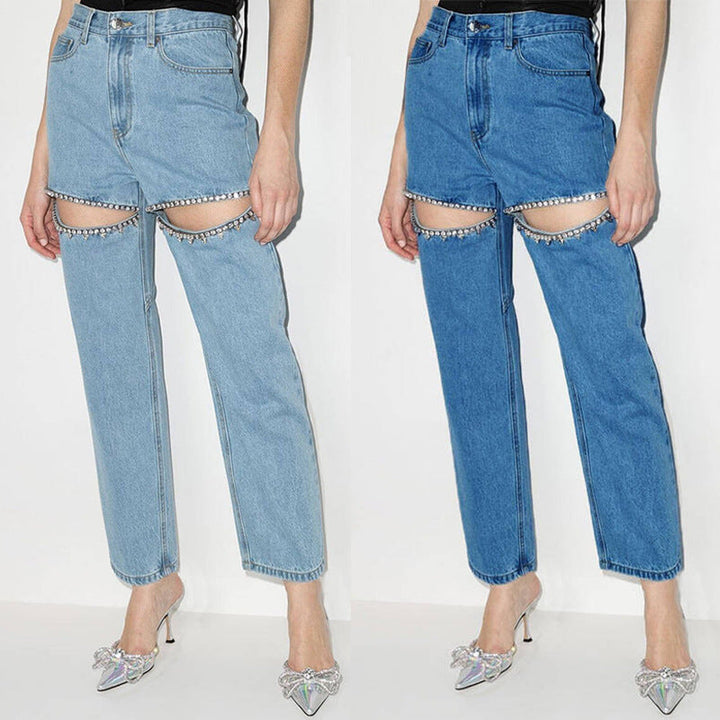 Women's Jeans with Decorative Cut-Outs and Rhinestone Embellishments Lune London