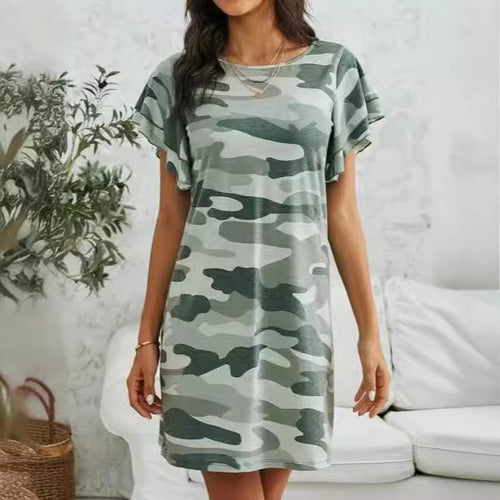 Leisure dress for women with ruffle details and camouflage design Lune London