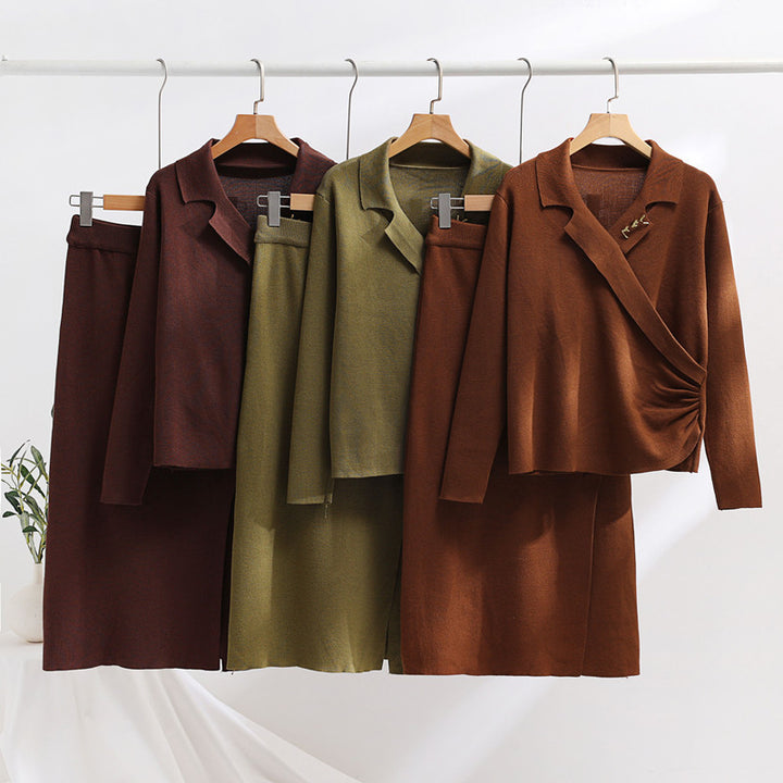 Elegant knit set for women with a wrap top and refined high waist Lune London