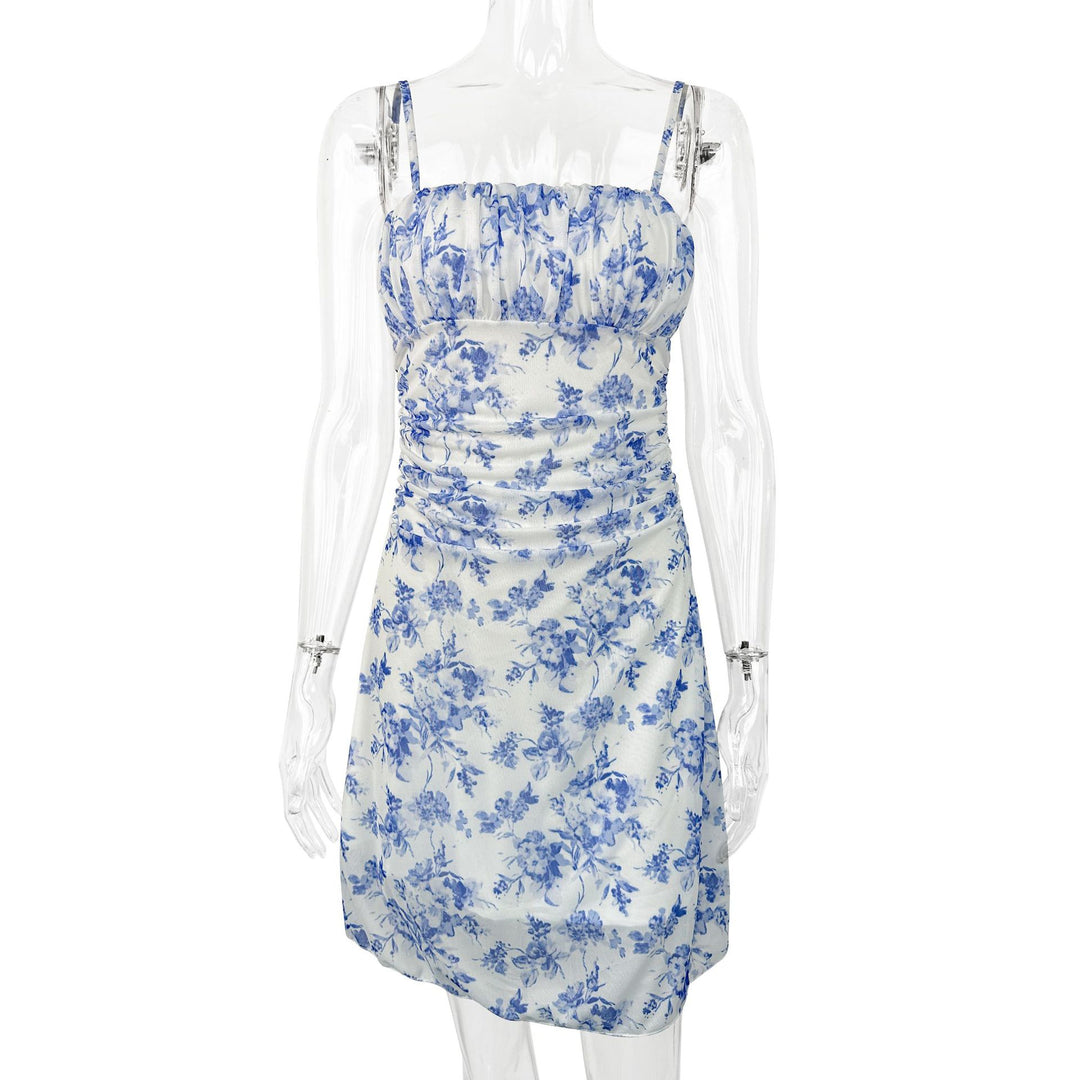 Women's summer floral dress with spaghetti straps and gathers Lune London