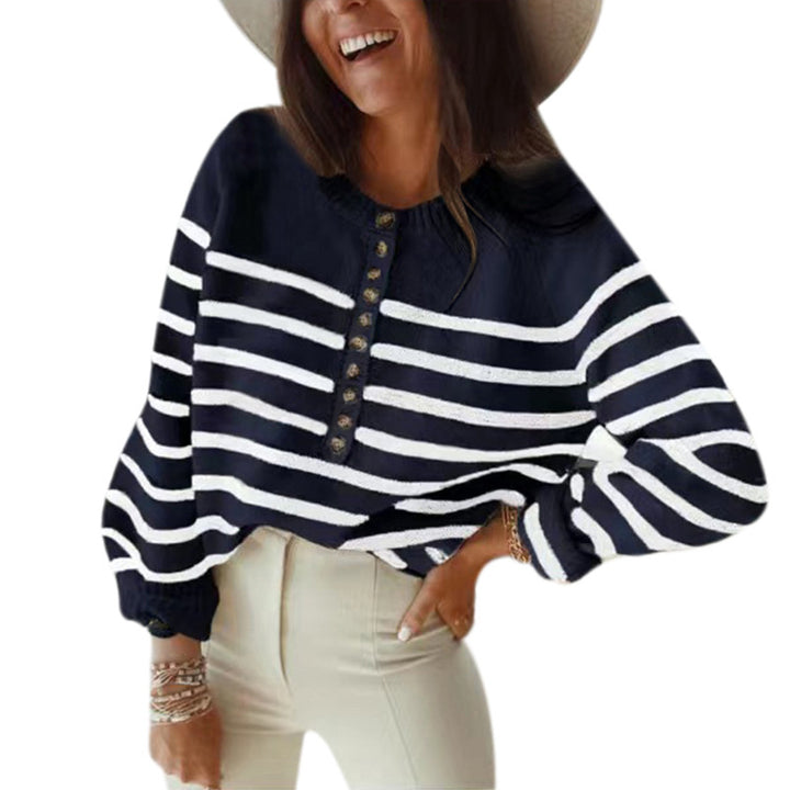 Striped women's sweater with button placket Lune London