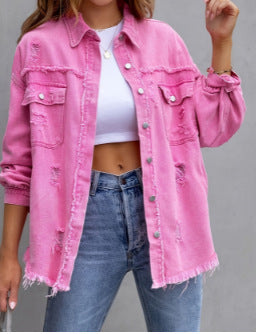 Ladies stylish overshirt jacket with fringed hem Lune London