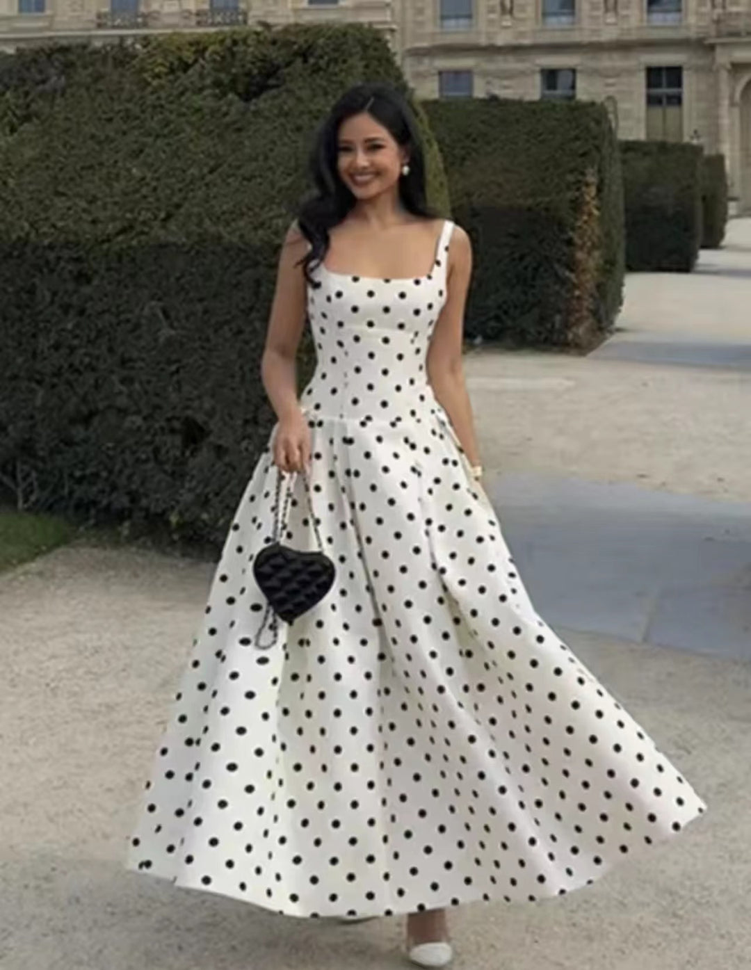 Polka dot cocktail dress for women with refined skirt Lune London