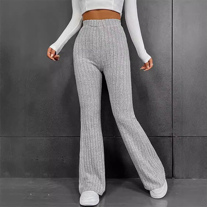 Ladies Comfortable Flared Knit Pants with High Waist and Ribbed Structure Lune London