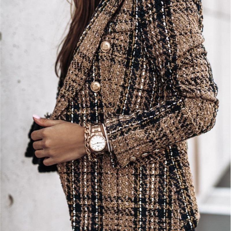 Plaid jacket for women with gold buttons and textured fabric Lune London