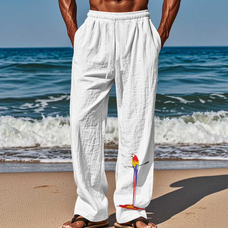 Casual beach pants for men with elastic waistband and colorful bird pattern Lune London