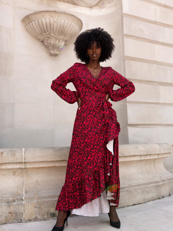 Chic and elegant wrap dress with ruffles for women with asymmetric hem