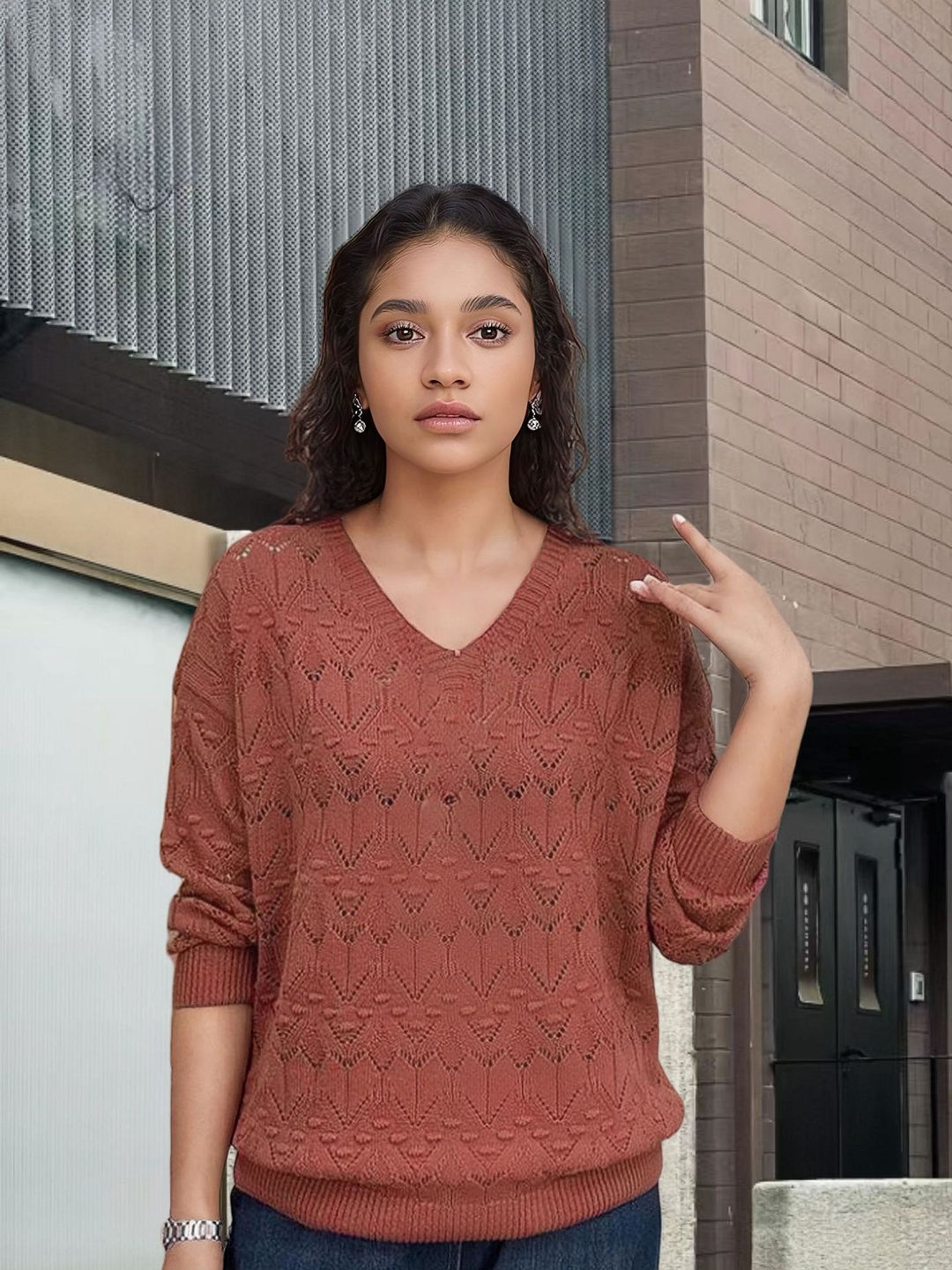 Knit sweater for women with V-neck and a delicate lace design Lune London