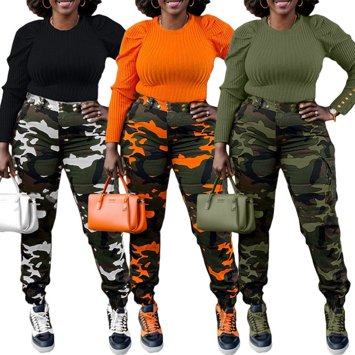 Women's cargo pants with camouflage pattern and high waist Lune London