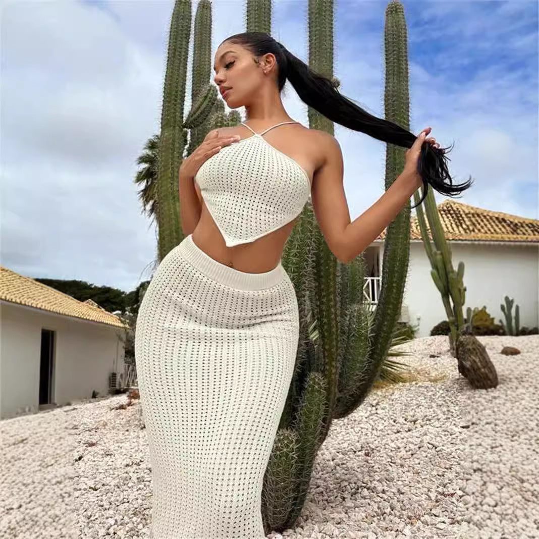 Knit top for women with plunging neckline and elastic midi skirt Lune London