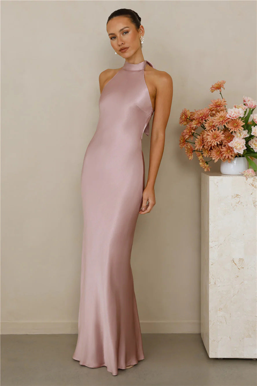 Ladies Elegant Maxi Dress with High Neck Design and Shimmering Satin Finish Lune London