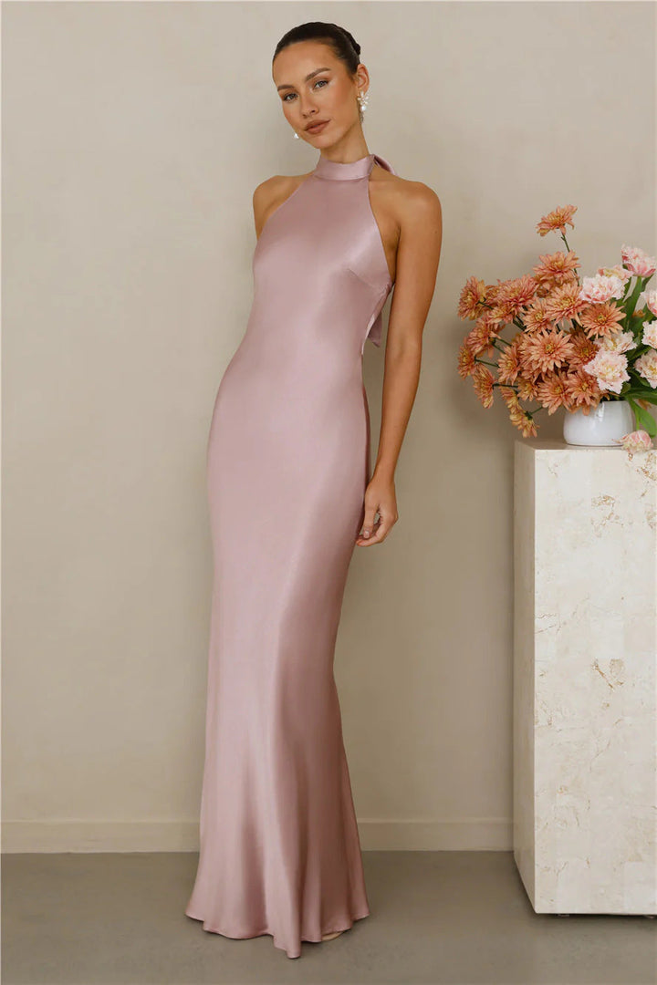 Ladies Elegant Maxi Dress with High Neck Design and Shimmering Satin Finish Lune London
