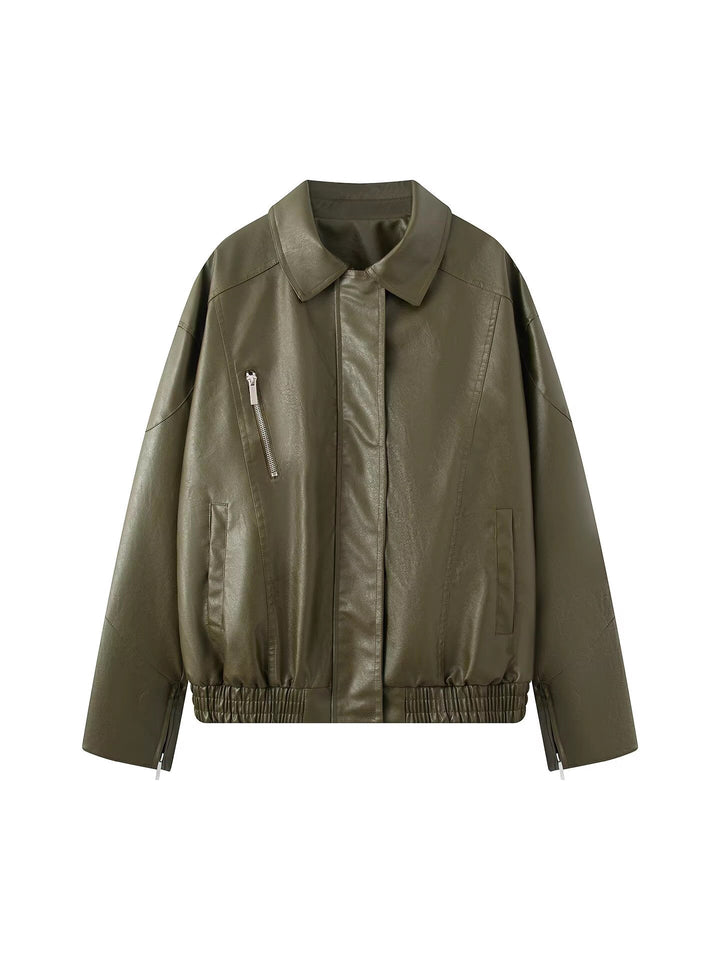 Faux leather jacket for women, with a modern high collar and elastic hem Lune London