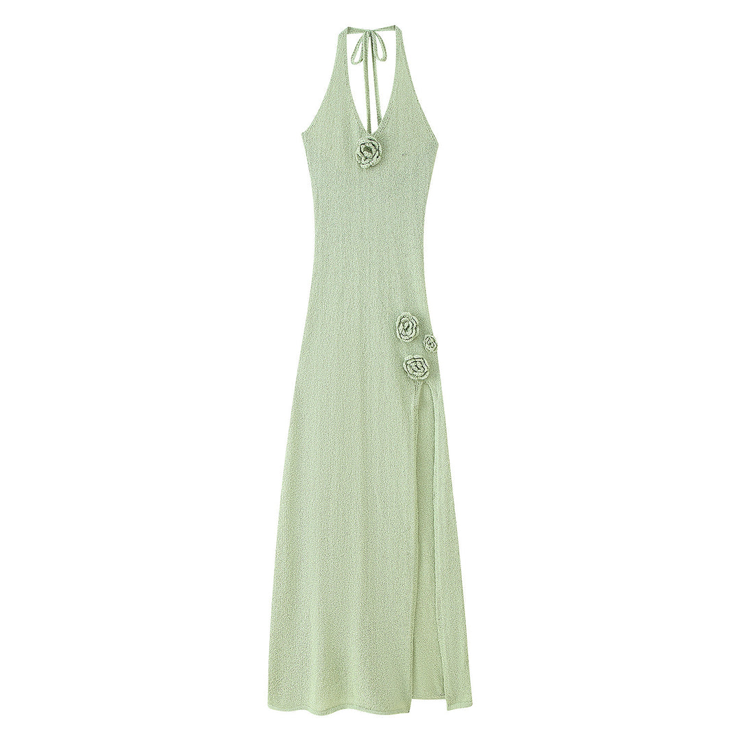 Maxi dress for ladies with floral appliqués and deep V neckline Lune London