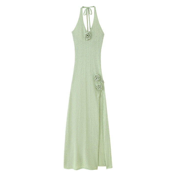 Maxi dress for ladies with floral appliqués and deep V neckline Lune London