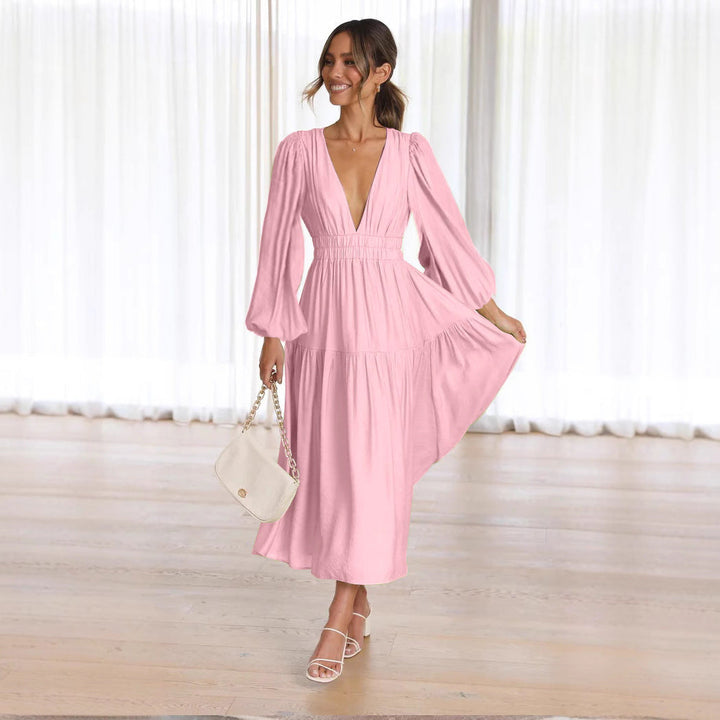 Women's Maxi Dress with Deep V-Neck and Wide Flared Sleeves Lune London