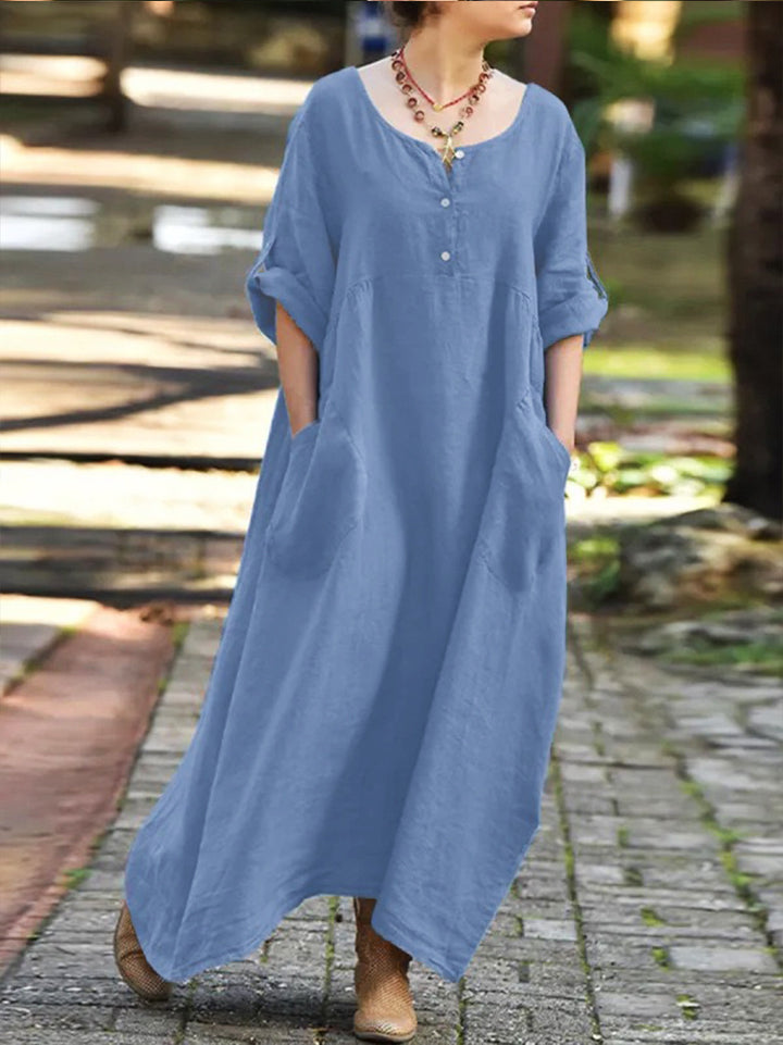 Long dress for women with button details and practical pockets Lune London