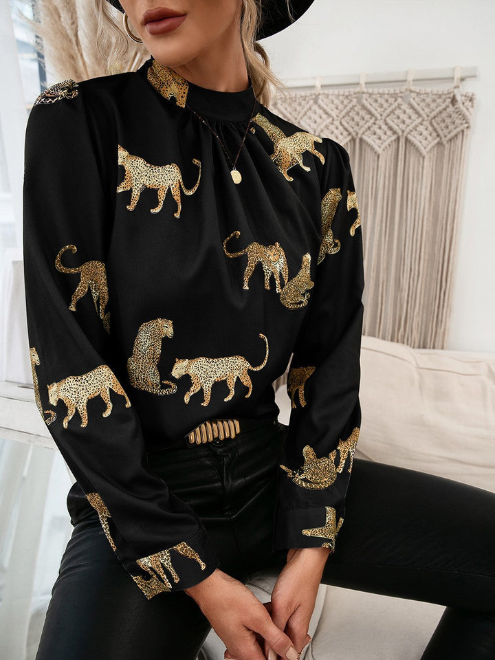 Women's blouse with glamorous animal print and elegant high collar Lune London