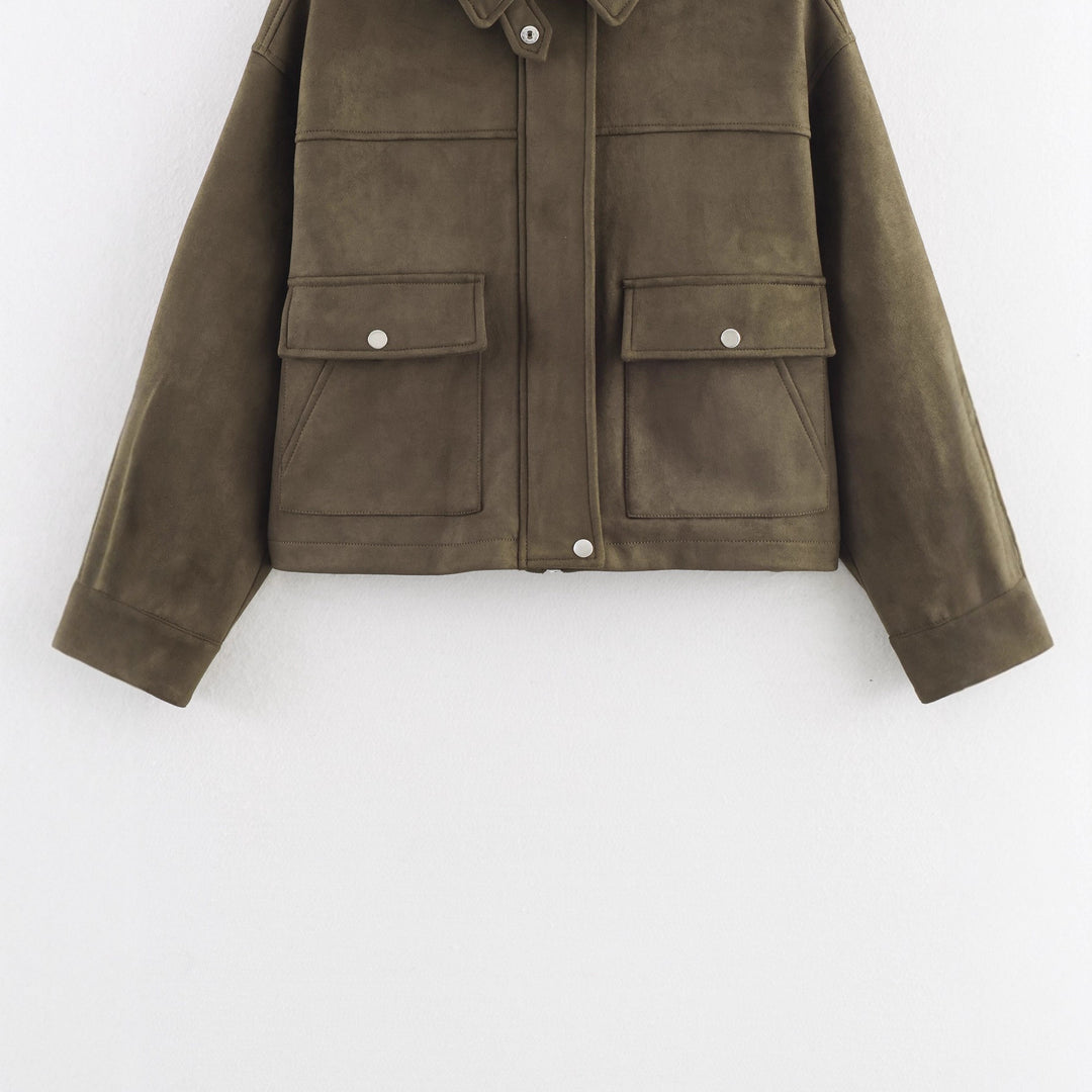 Veste courte pour femme en faux cuir doux avec poches pratiques
