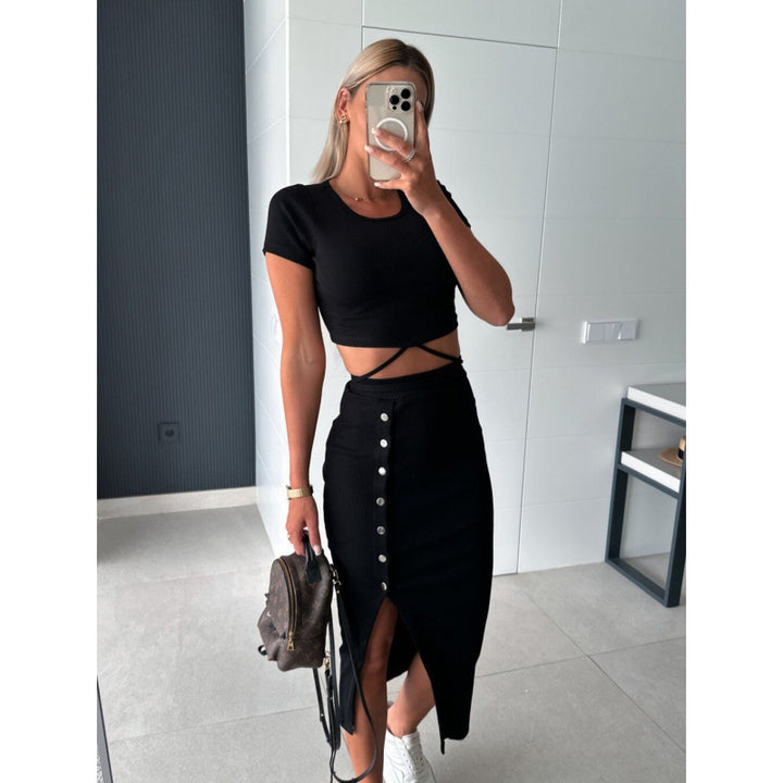 Women Ribbed Crop Top and Buttoned Midi Skirt Set Lune London