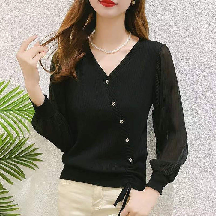 Elegant knitted sweater for women with button details and transparent sleeves Lune London