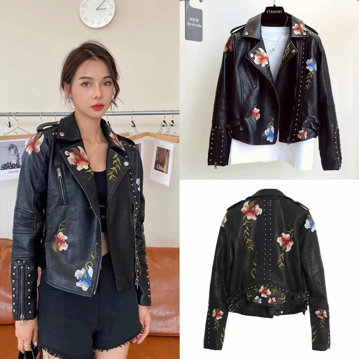 Biker jacket in faux leather for women with embroidered floral design and stud embellishments Lune London