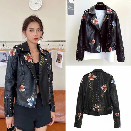 Biker jacket in faux leather for women with embroidered floral design and stud embellishments Lune London