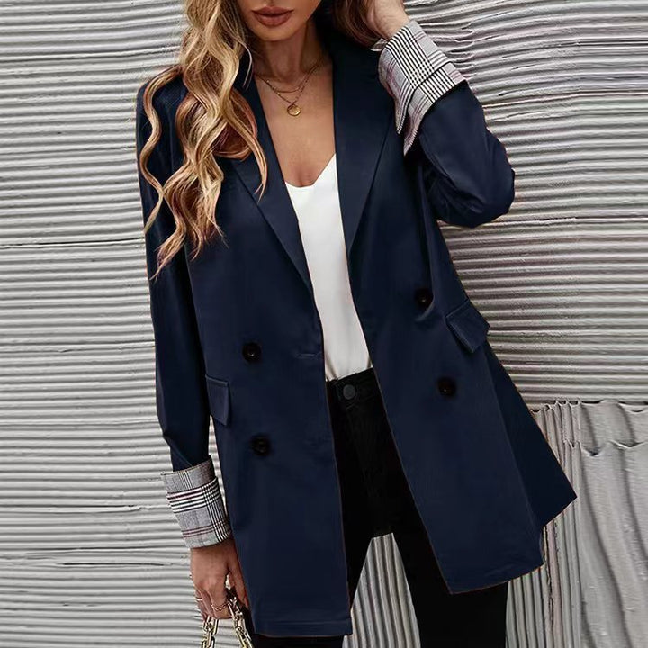 Women Elegant Double-Breasted Blazer with Chic Checkered Detail and Style