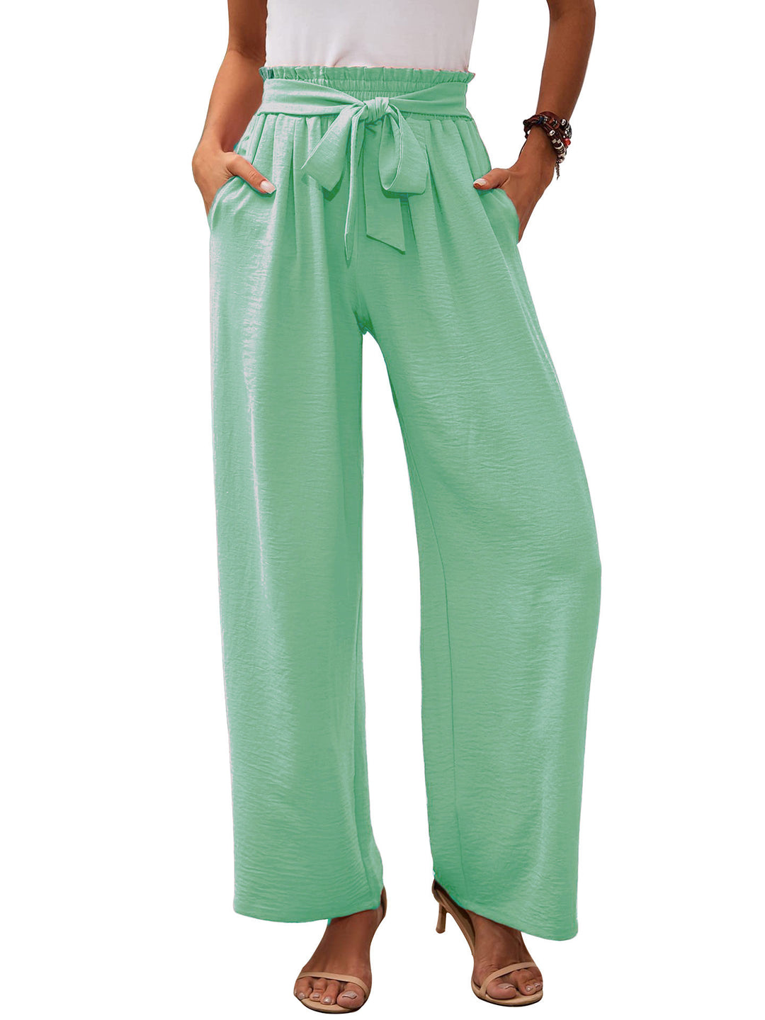 Wide palazzo pants for women with elastic waist and tie belt Lune London