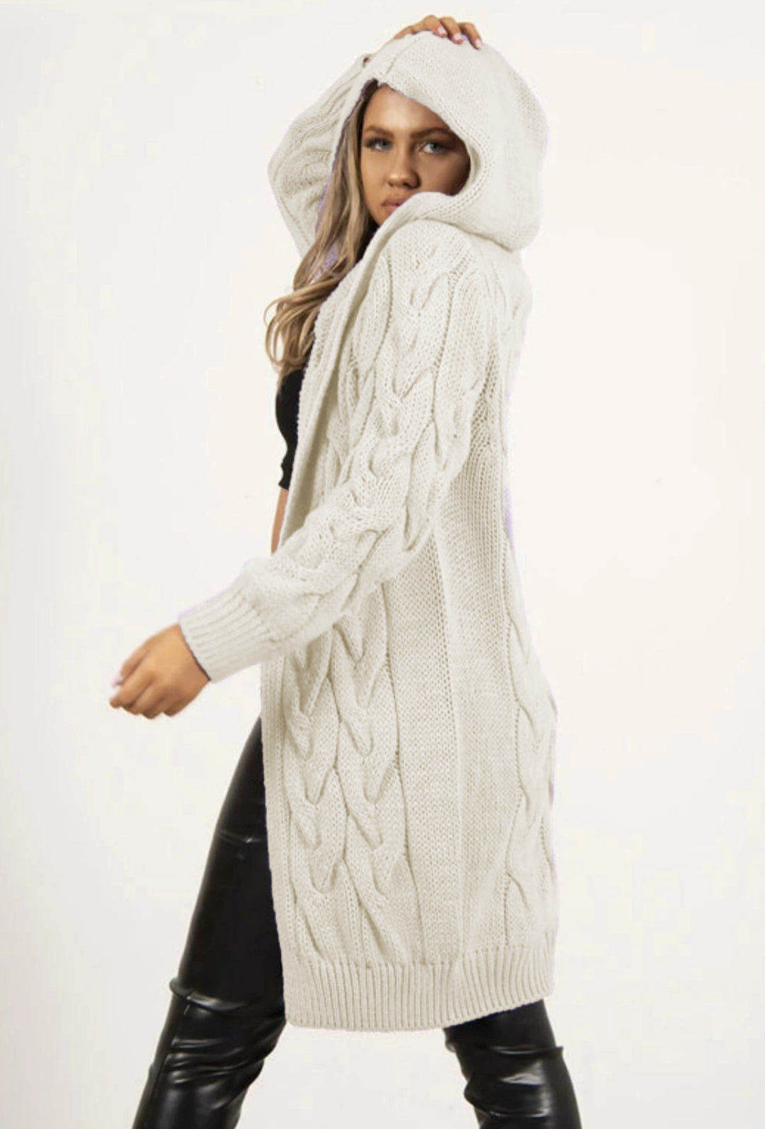 Ladies Chunky Knit Cardigan with Hood and Practical Pockets Lune London