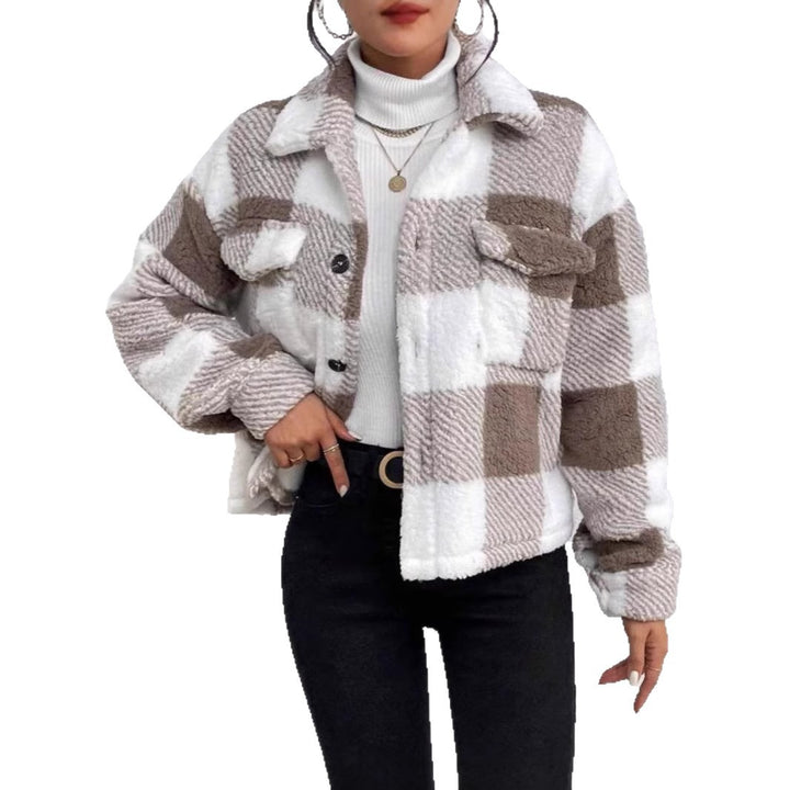 Women’s plush jacket with checkered look, featuring chest pockets and button closure Lune London