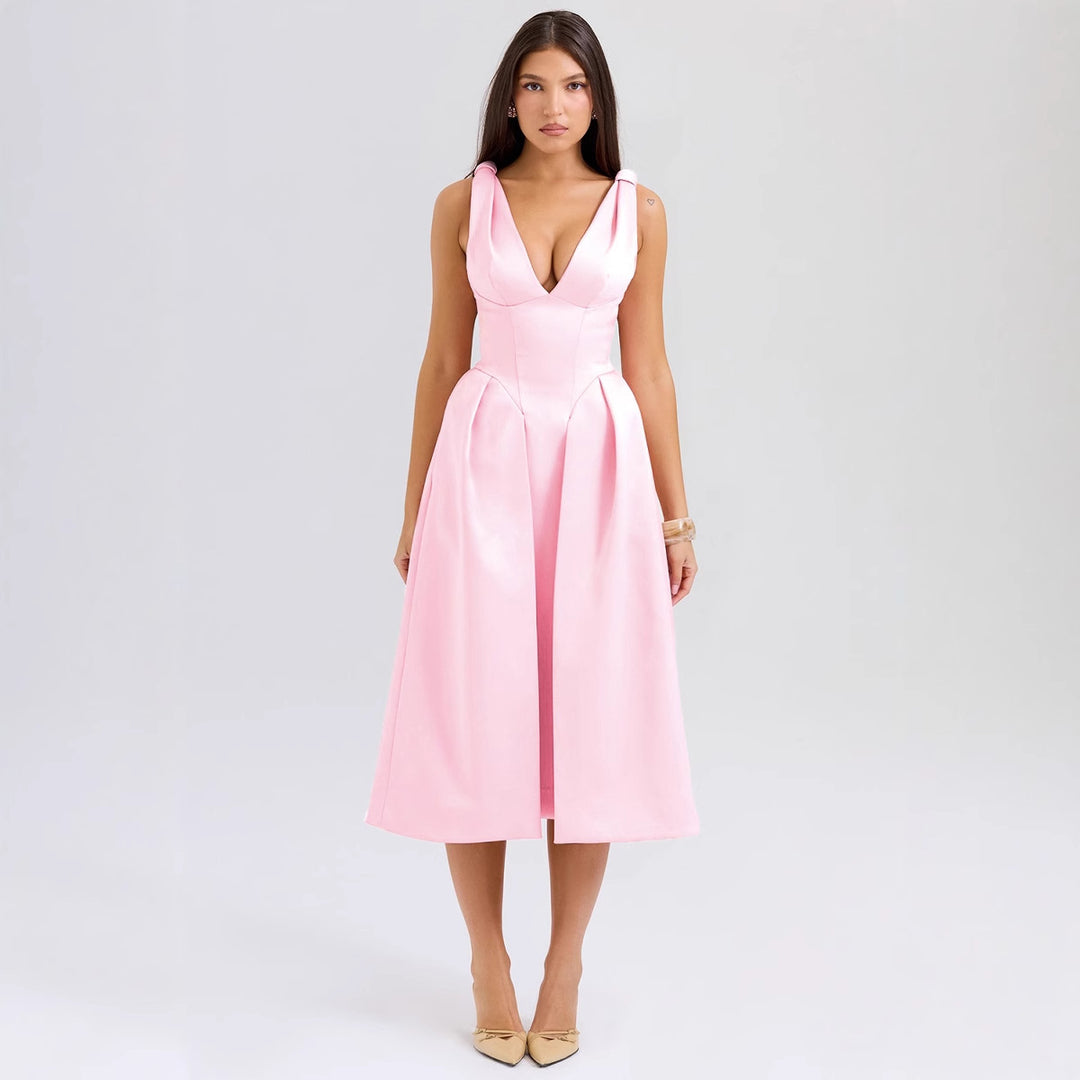 Elegant Midi Dress for Women with Dreamy V-Neck and Chic Elegant Pleats