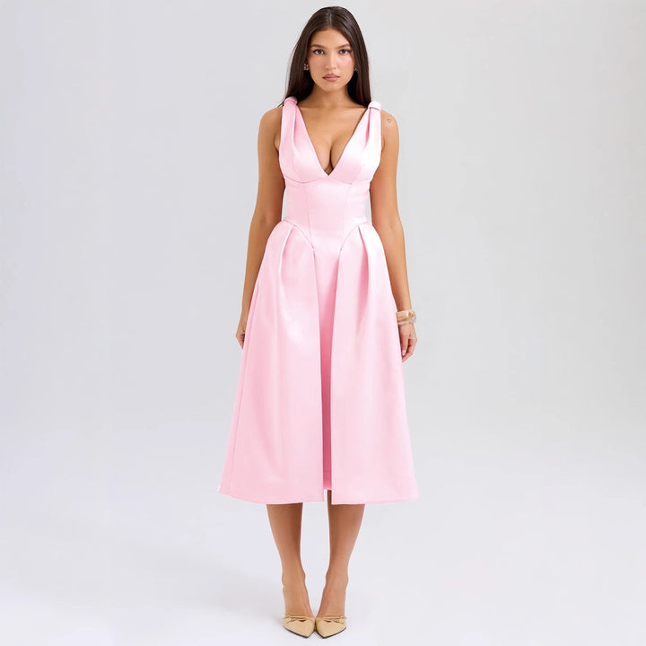 Elegant Midi Dress for Women with Dreamy V-Neck and Chic Elegant Pleats