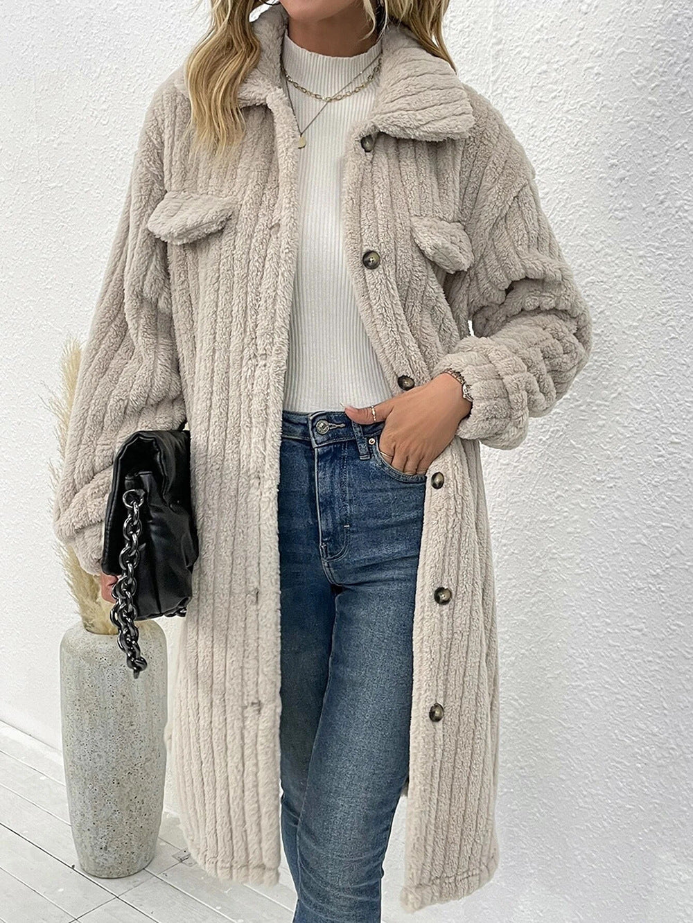 Women fleece sweater - jacket with vertical rib structure and practical pockets Lune London