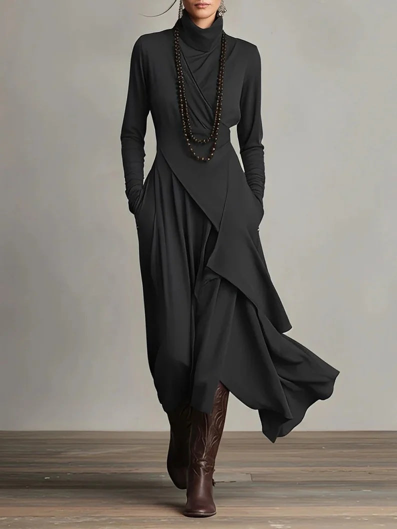 Women's Elegant Maxi Dress with Draped Top and Asymmetrical Cut Lune London