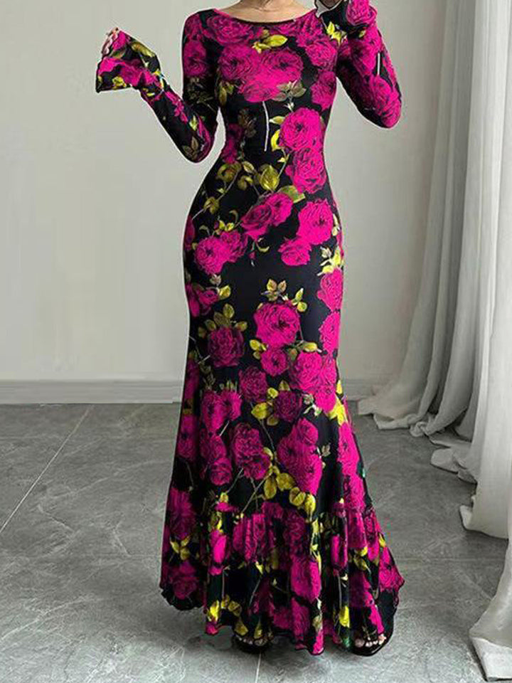 Robe maxi élégante pour femmes avec des détails de volants floraux et des manches longues Chic & Stil