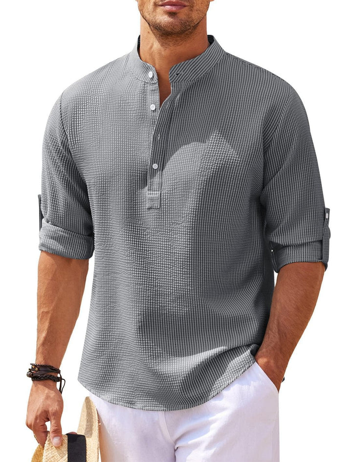 Men's Casual Long Sleeve Shirt with Stand-Up Collar and Ribbed Texture Lune London