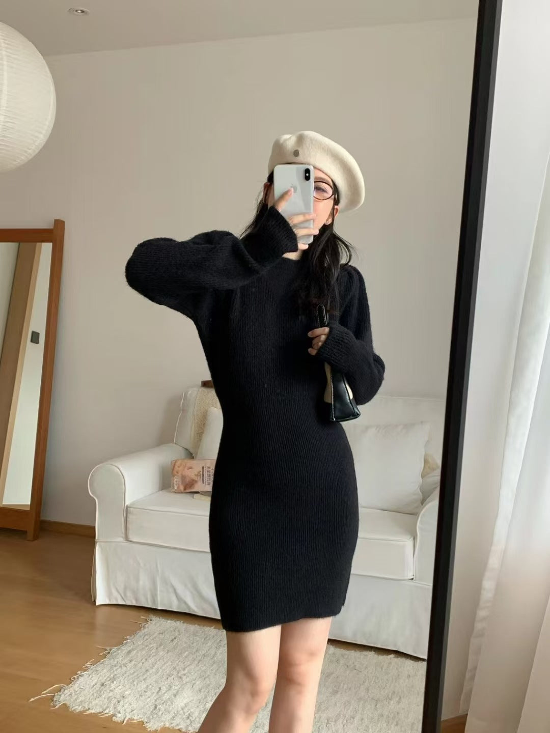 Elegant knitted dress for women with a fitted silhouette and puff sleeves Lune London