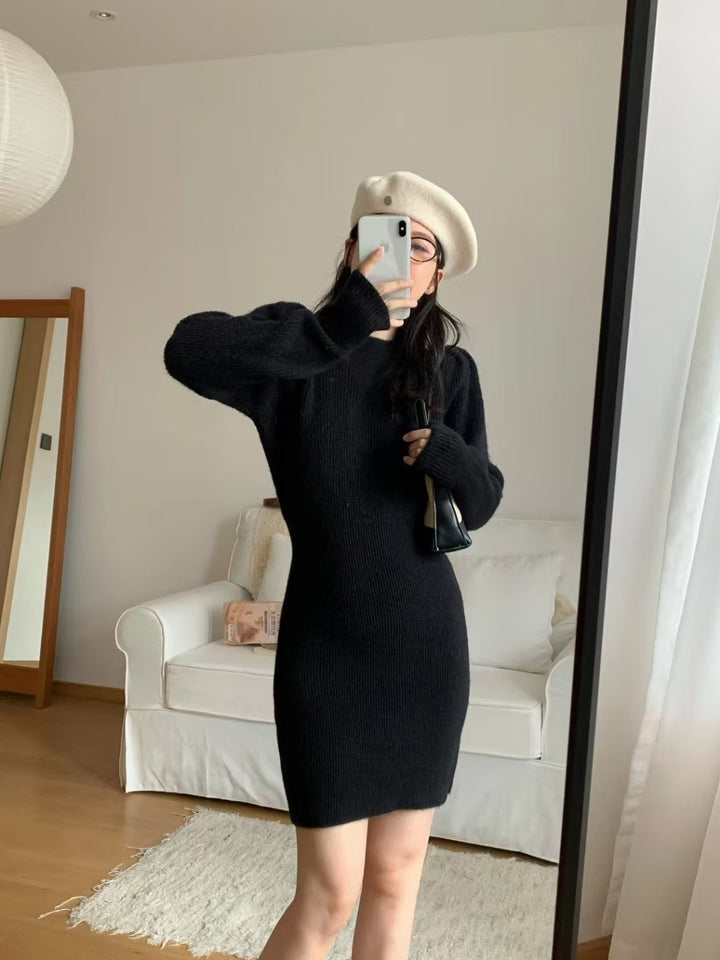 Elegant knitted dress for women with a fitted silhouette and puff sleeves Lune London