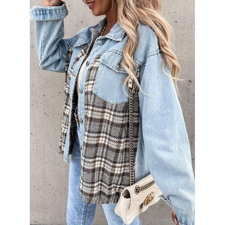 Tartan pattern denim jacket for women with a relaxed fit and modern details Lune London