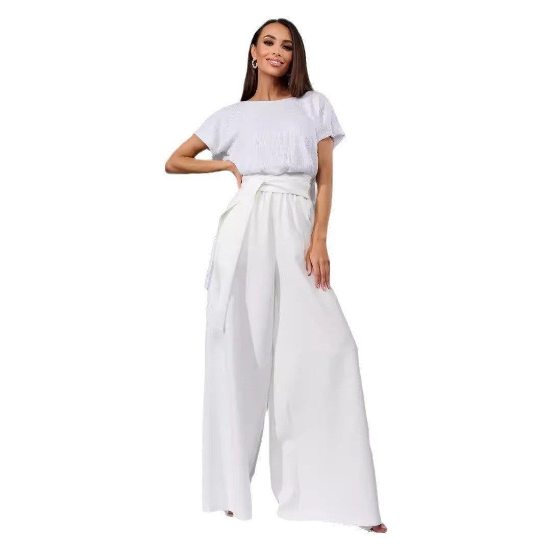 Women's Glittering Jumpsuit with Wide Leg and Waist Belt Lune London
