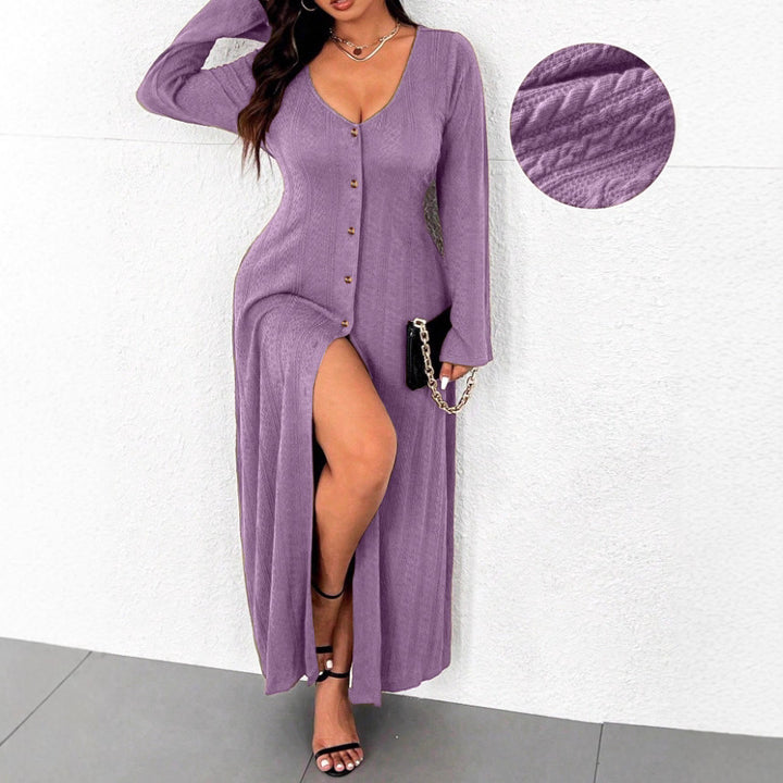 Maxi dress for women with button placket and elegant slit Lune London