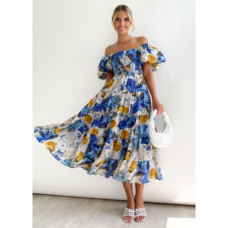 Maxi dress with ruffles off the shoulders for women with floral pattern Lune London