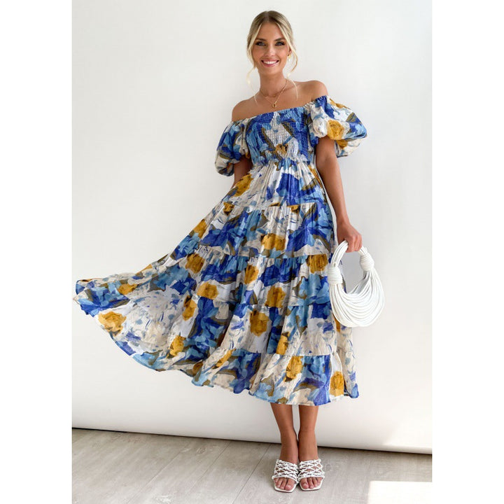 Maxi dress with ruffles off the shoulders for women with floral pattern Lune London